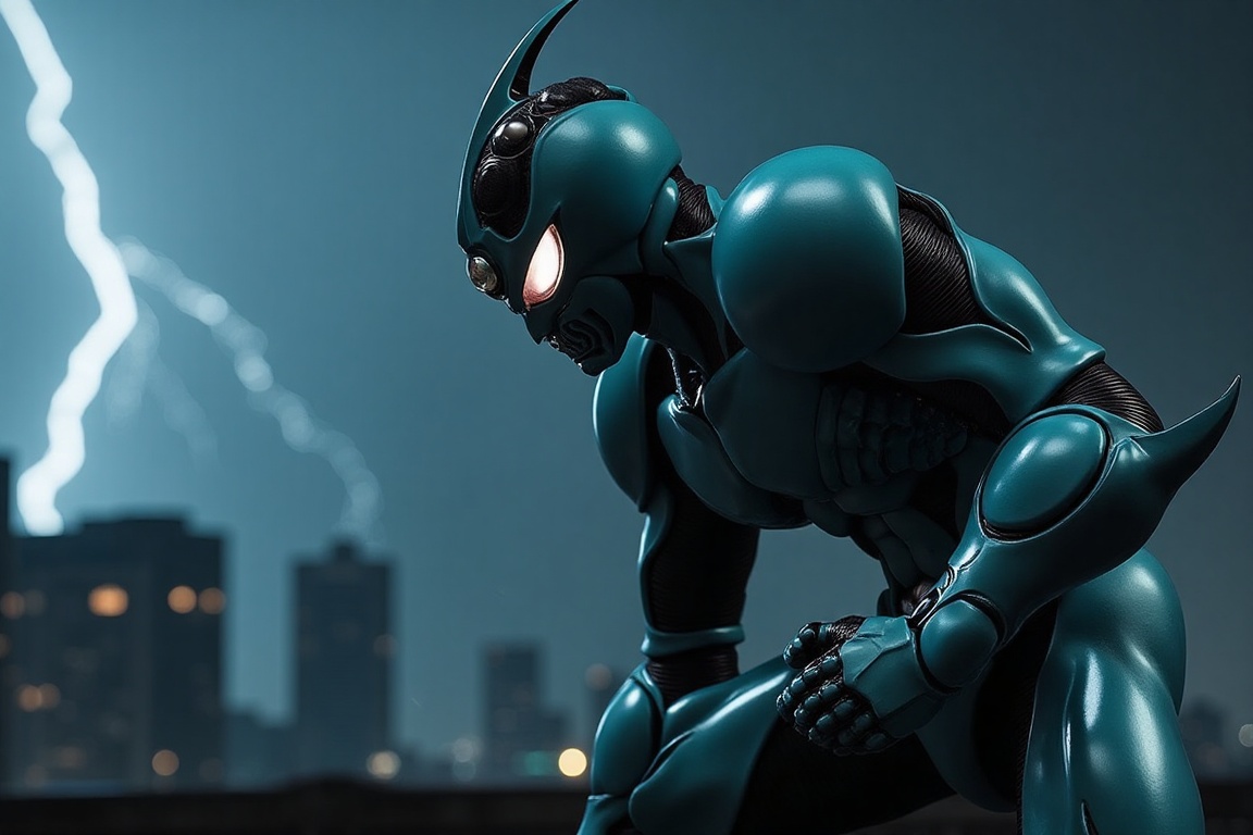 Close-up portrait of Bio Booster Armor Guyver,  crouching pose before attack,  dark city on Tensor.Art