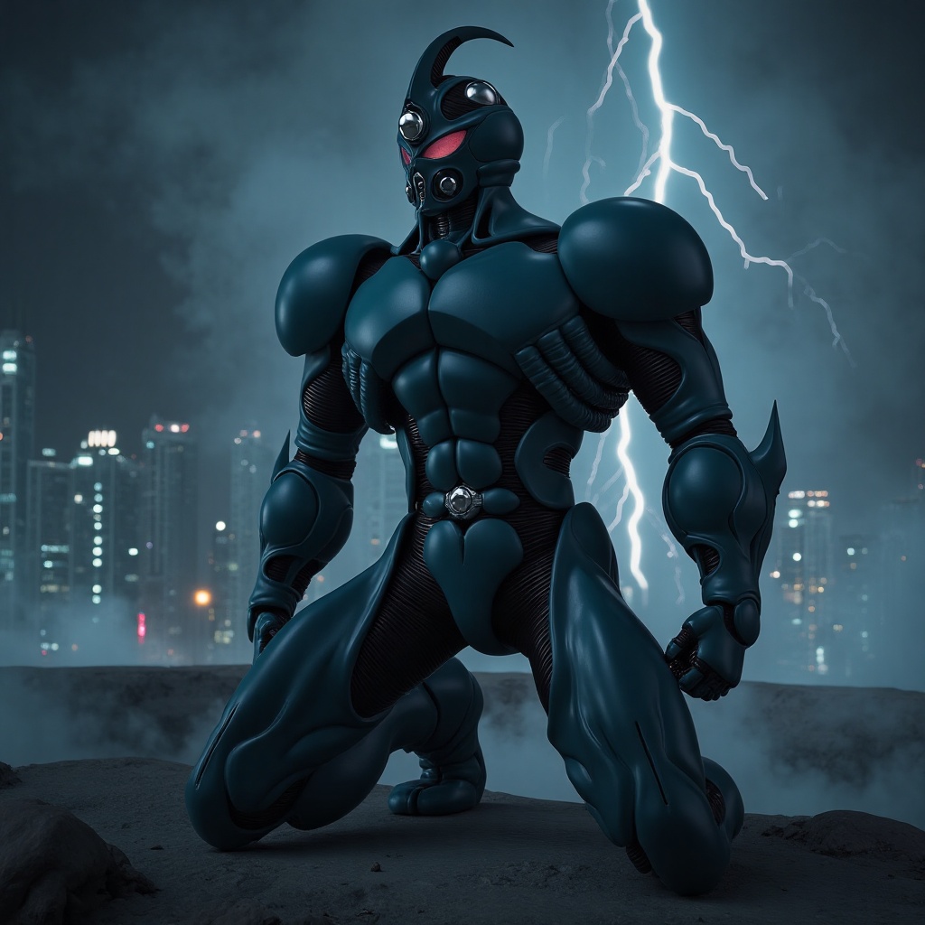 Close-up portrait of Bio Booster Armor Guyver,  crouching pose before attack,  dark city on Tensor.Art