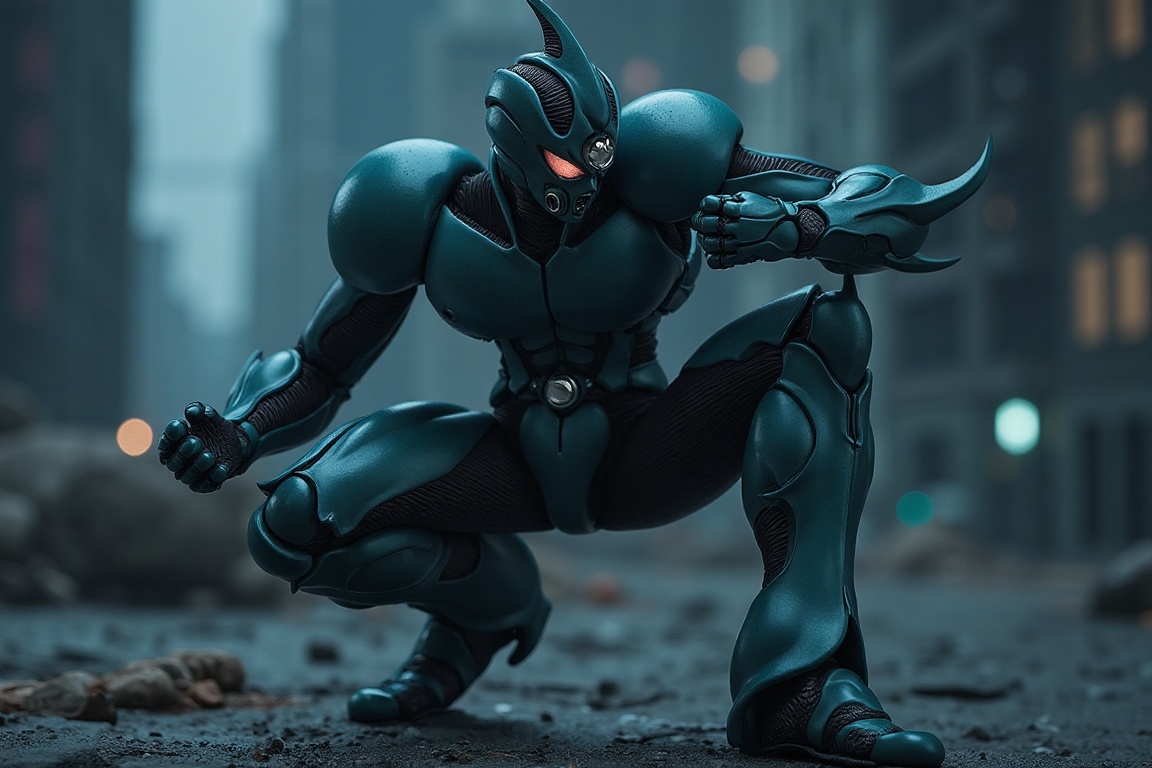 Close-up portrait of Bio Booster Armor Guyver,  crouching pose before attack,  dark city on Tensor.Art