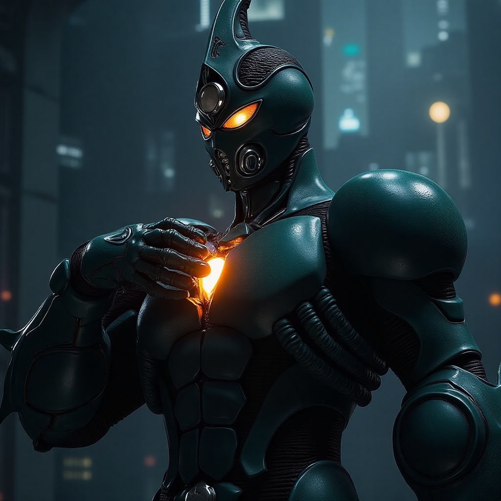 Close-up portrait of Bio Booster Armor Warrior,  right chest armor cover wide open by hand,  orange core glowing on Tensor...