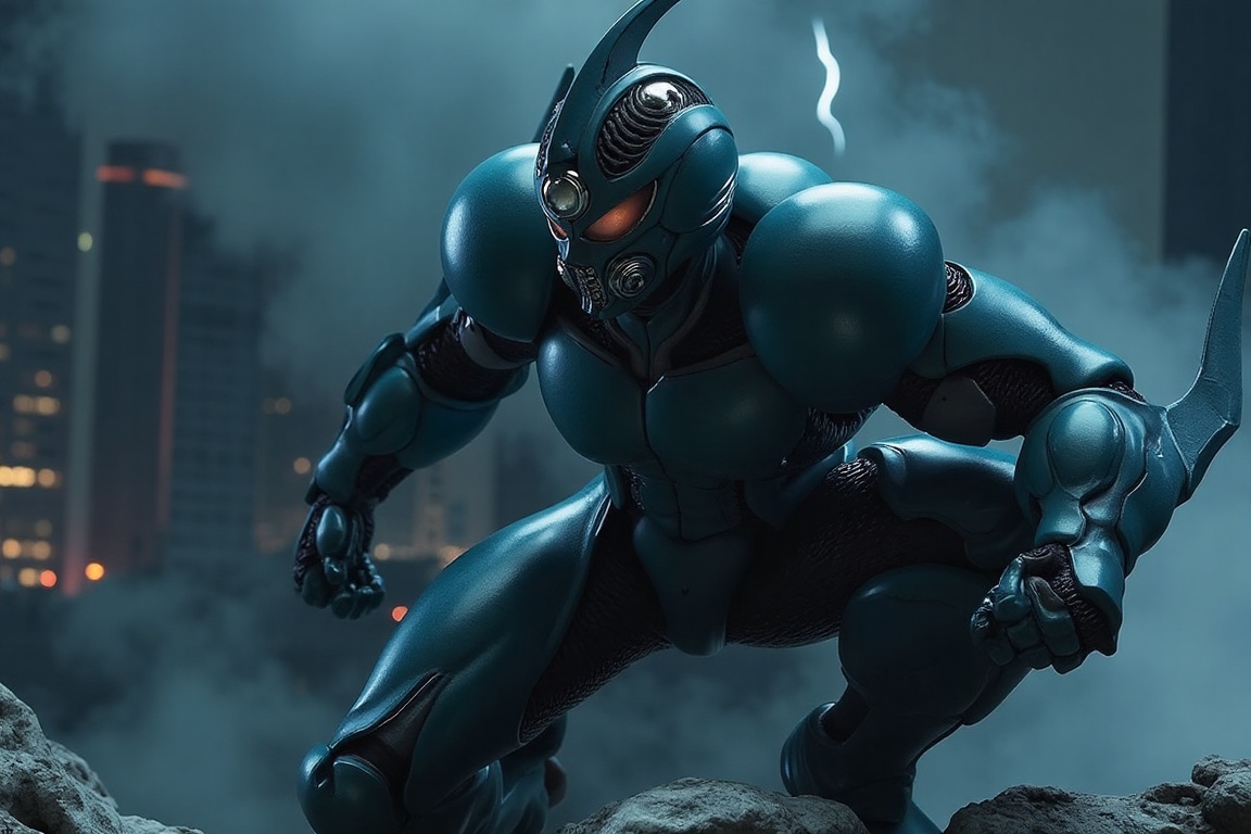 Close-up portrait of Bio Booster Armor Guyver,  crouching pose before attack,  dark city on Tensor.Art