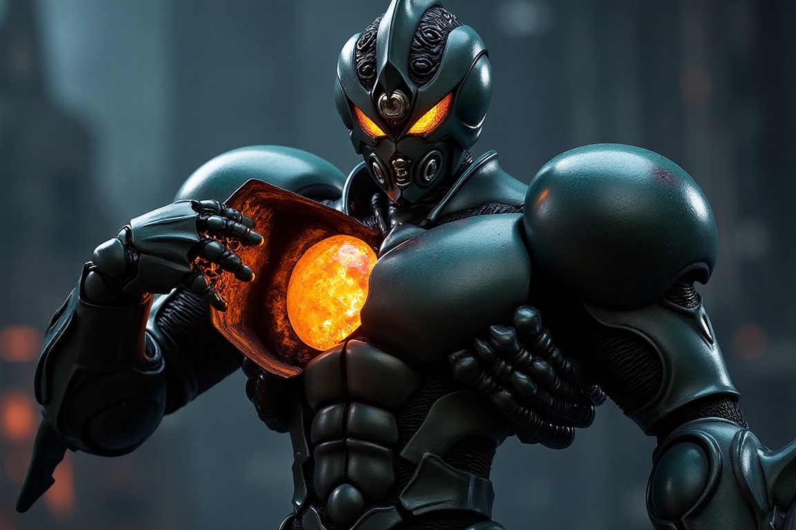 Close-up portrait of Bio Booster Armor Guyver,  battle-ready pose,  right hand gripping and pulling open the right chest a...