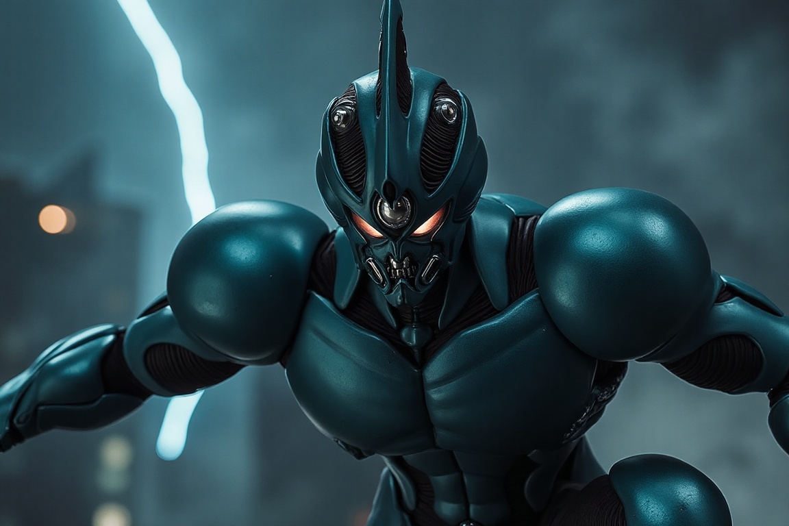 Close-up portrait of Bio Booster Armor Guyver,  crouching pose before attack,  dark city on Tensor.Art