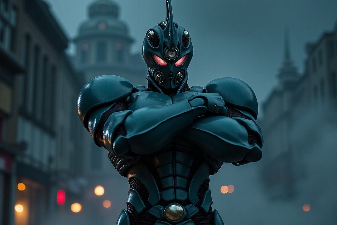 Close-up portrait of Bio Booster Armor Warrior,  arms crossed,  dark city on Tensor.Art