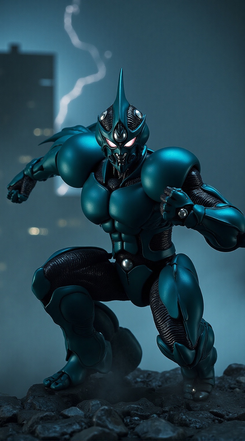 Close-up portrait of Bio Booster Armor Guyver,  crouching pose before attack,  dark city on Tensor.Art