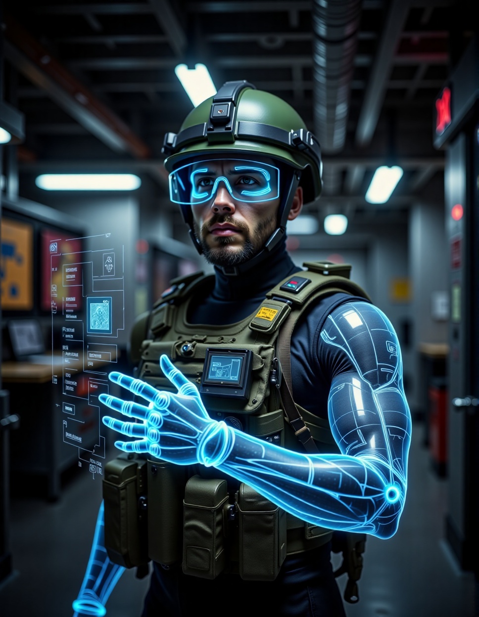 futuristic soldier wear hologram visor display and hologram arm shield. inside military base. Augmented Reality (AR),  Vir...