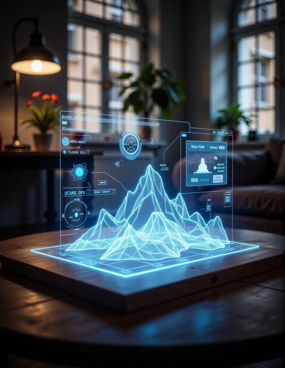 floating hologram landscape view on table at living room. Augmented Reality (AR),  Virtual Reality (VR),  Mixed Reality (M...