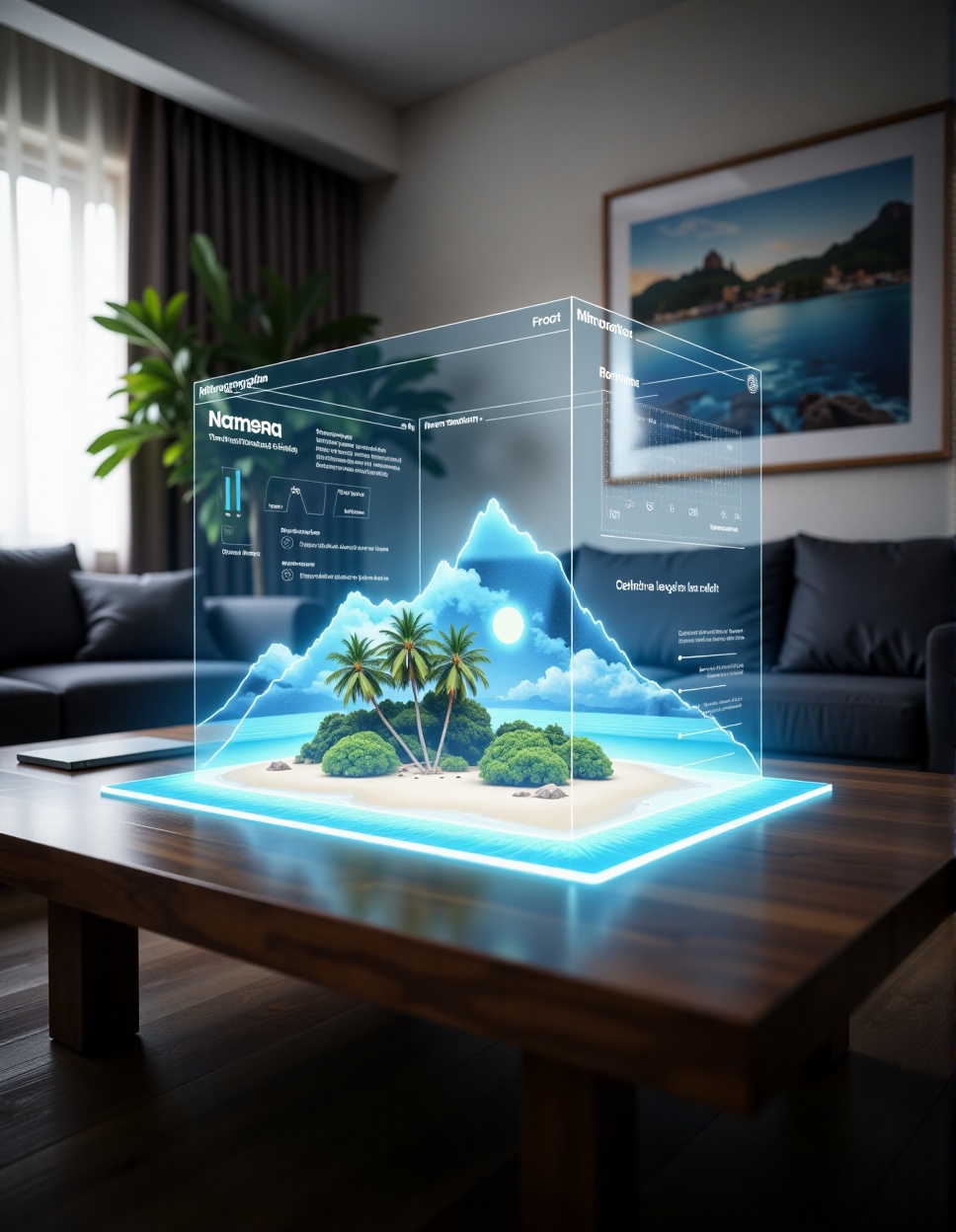 floating hologram beach island landscape view on table at living room. Augmented Reality (AR),  Virtual Reality (VR),  Mix...
