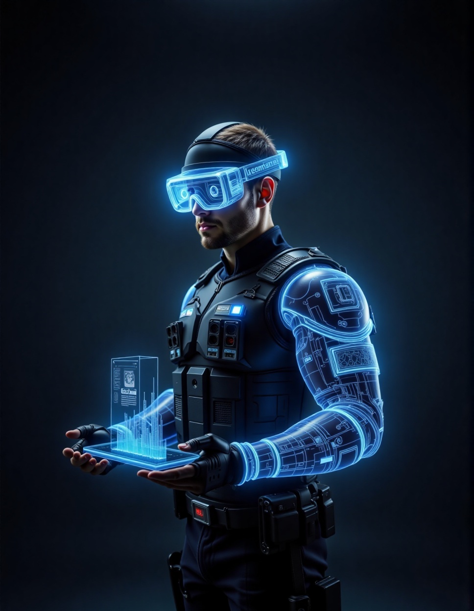 futuristic soldier wear hologram visor display and hologram arm shield. Augmented Reality (AR),  Virtual Reality (VR),  Mi...