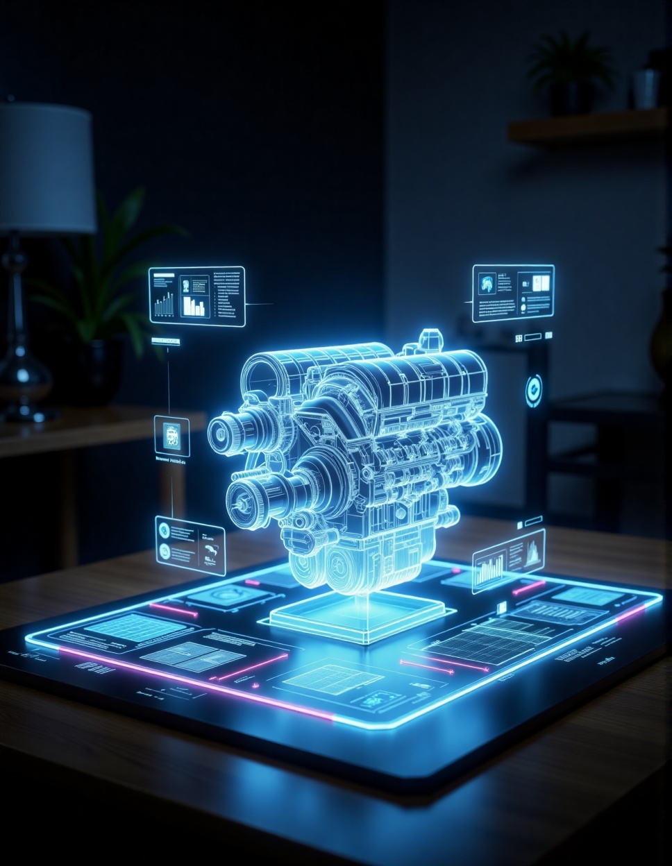 floating hologram engine display on table. Augmented Reality (AR),  Virtual Reality (VR),  Mixed Reality (MR) on Tensor.Art