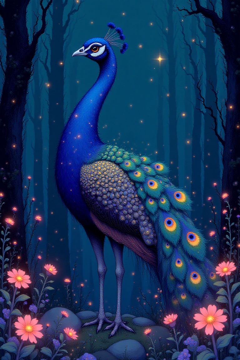 in the style of whimsical a peacock with glowing feathers standing in a garden of glowing flowers,  with a starry night sk...
