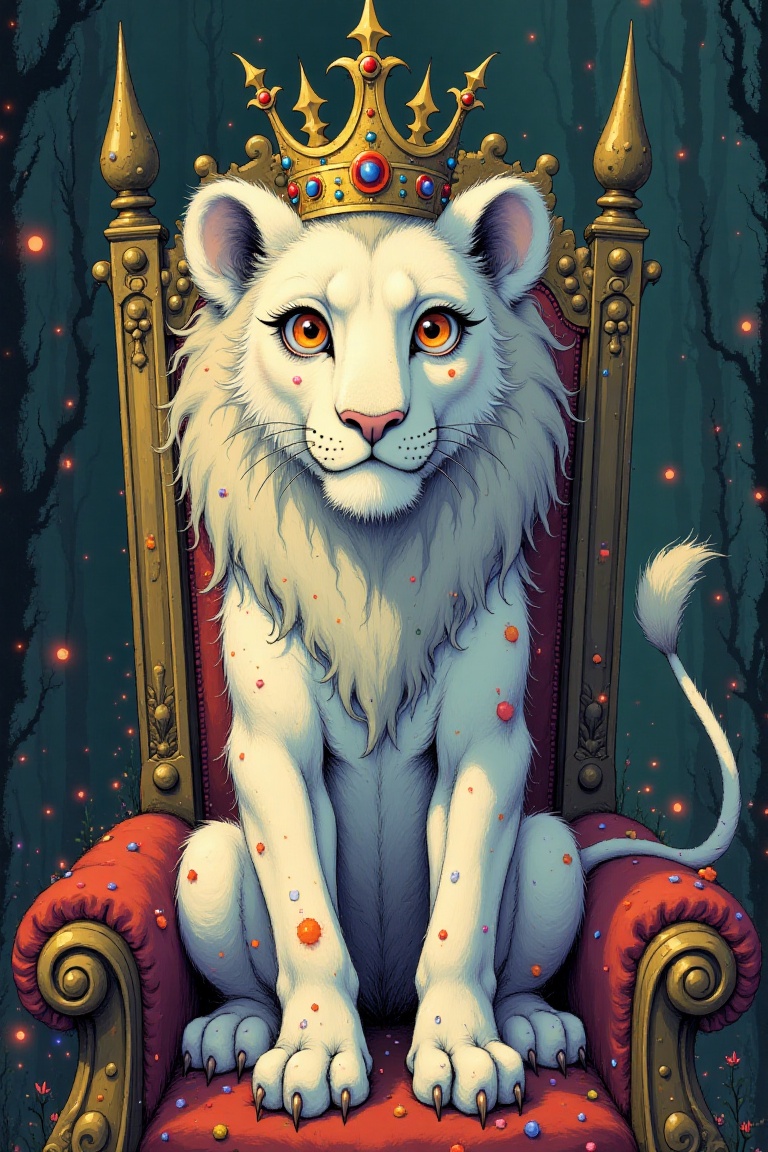 in the style of whimsical a white lion with a crown on his head sitting on the throne on Tensor.Art