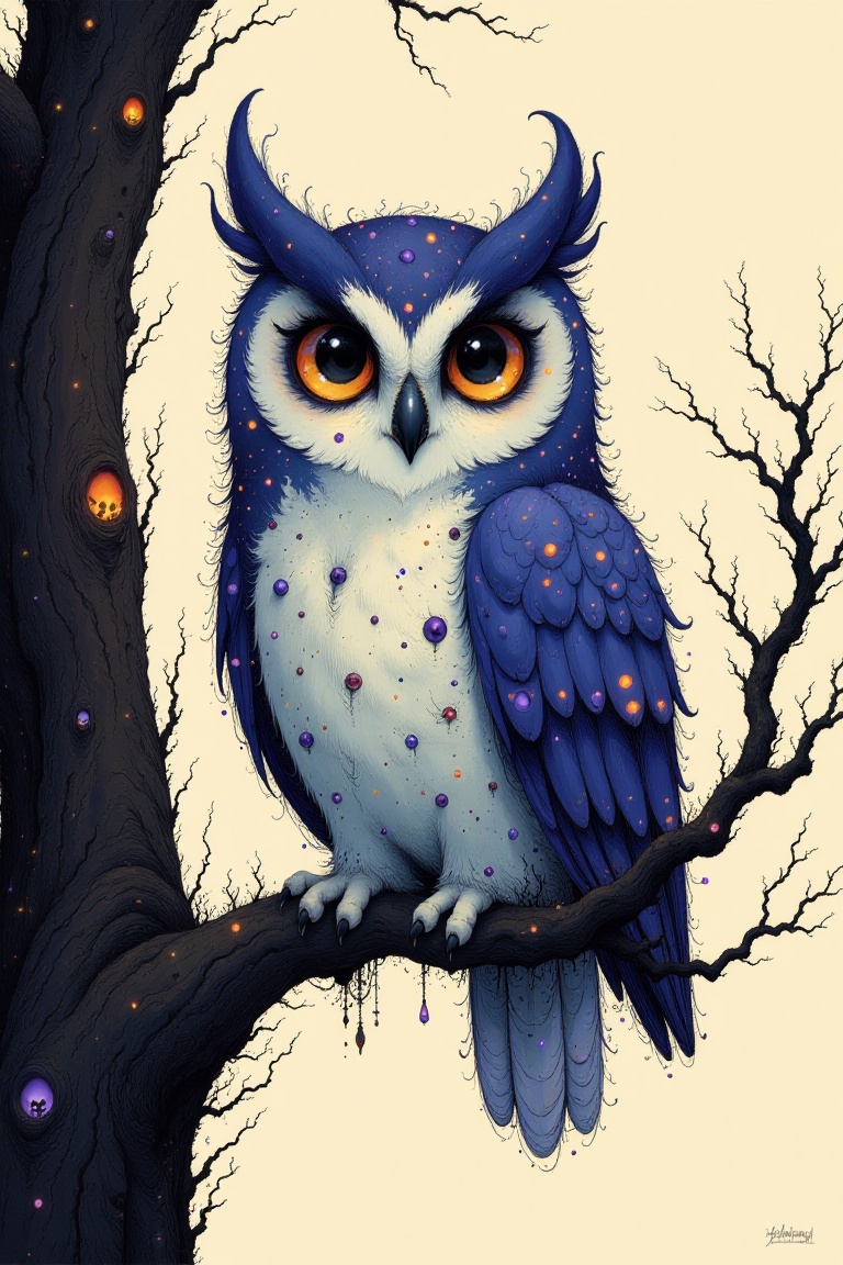 In the Style of Whimsy,  a owl with a horns on the head perched on a tree with a scary twig on Tensor.Art