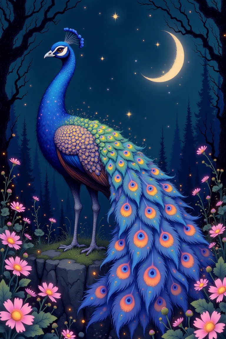 in the style of whimsical a peacock with glowing feathers standing in a garden of glowing flowers,  with a starry night sk...