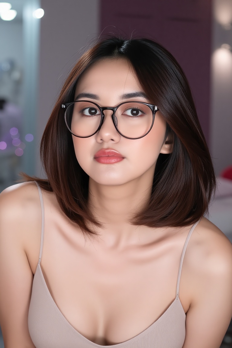 A young woman regitafarahdiba with fair skin and dark brown bob hair styled. She's wearing a light beige spaghetti strap t...