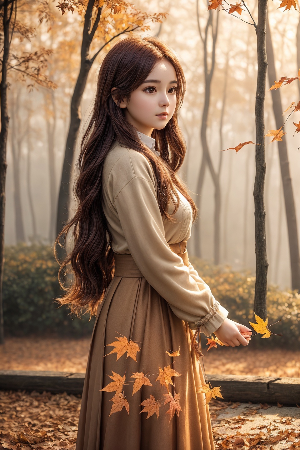 Whispers of Autumn: A dreamy,  soft-focus scene unfolds at golden hour,  as a young woman stands amidst a hazy on Tensor.Art