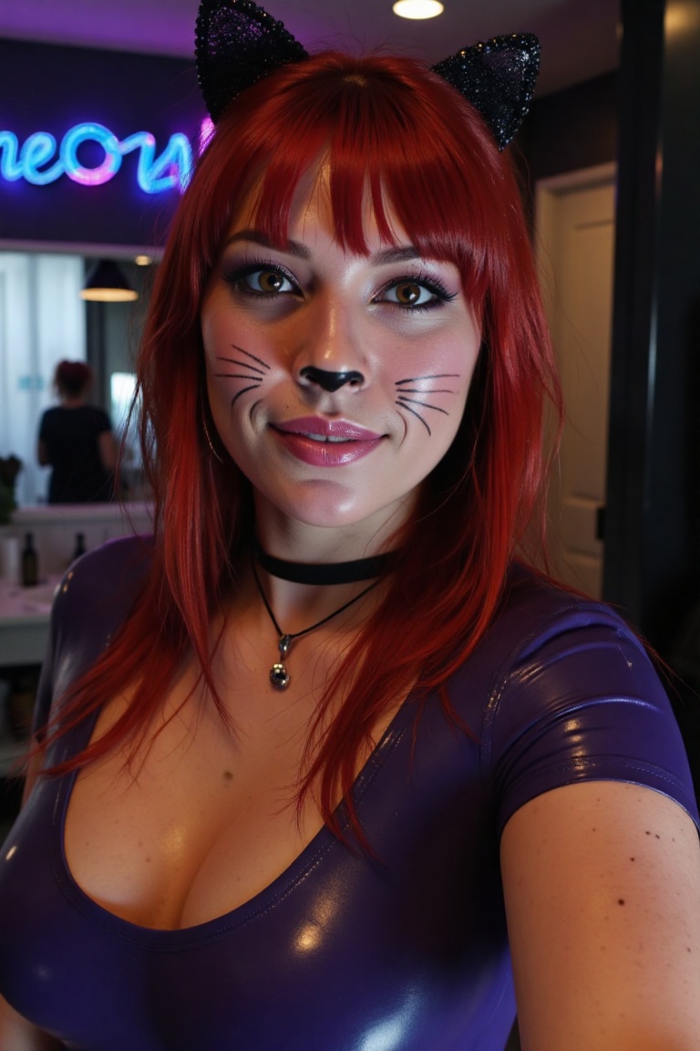 A full body photograph of a cute 24-year-old girl smiling in cat girl makeup,  painted whiskers,  winged eyeliner on Tenso...