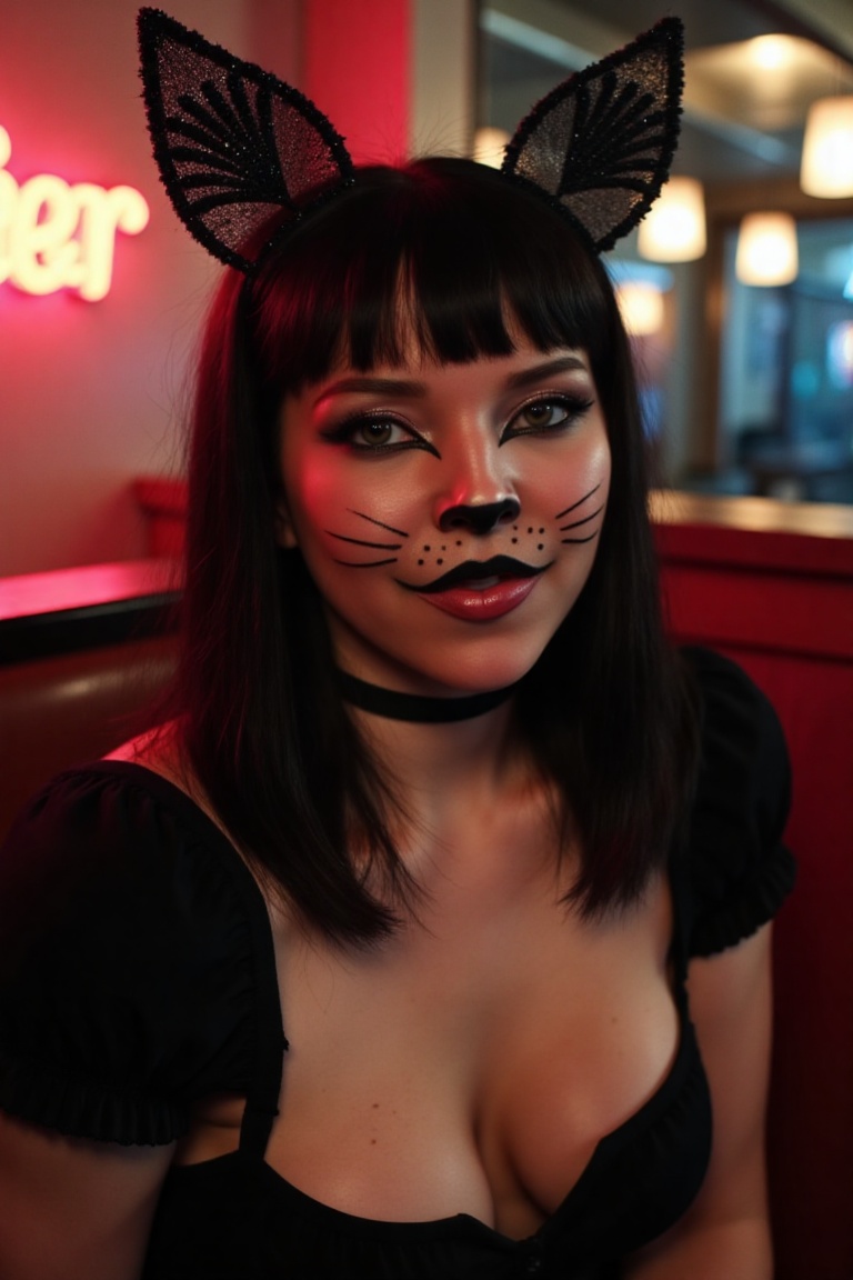 A photograph Kodak VISION3 250D,  Cute 20-year-old D0V3C smiling in cat girl makeup,  painted whiskers on Tensor.Art