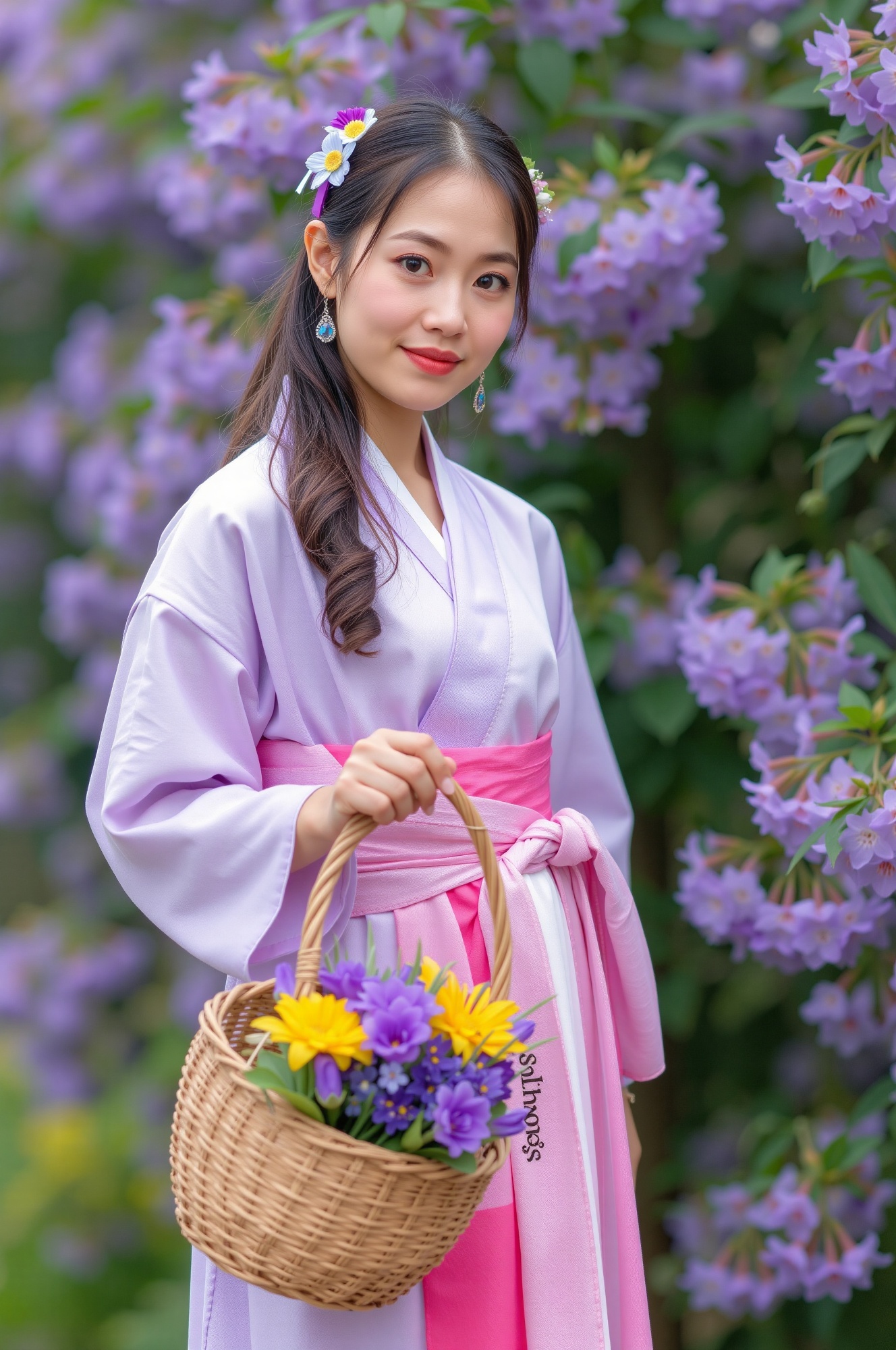 soft focus of a young woman dressed in hanfu attire with a light purple robe and a pink inner garment,  holding a woven ba...