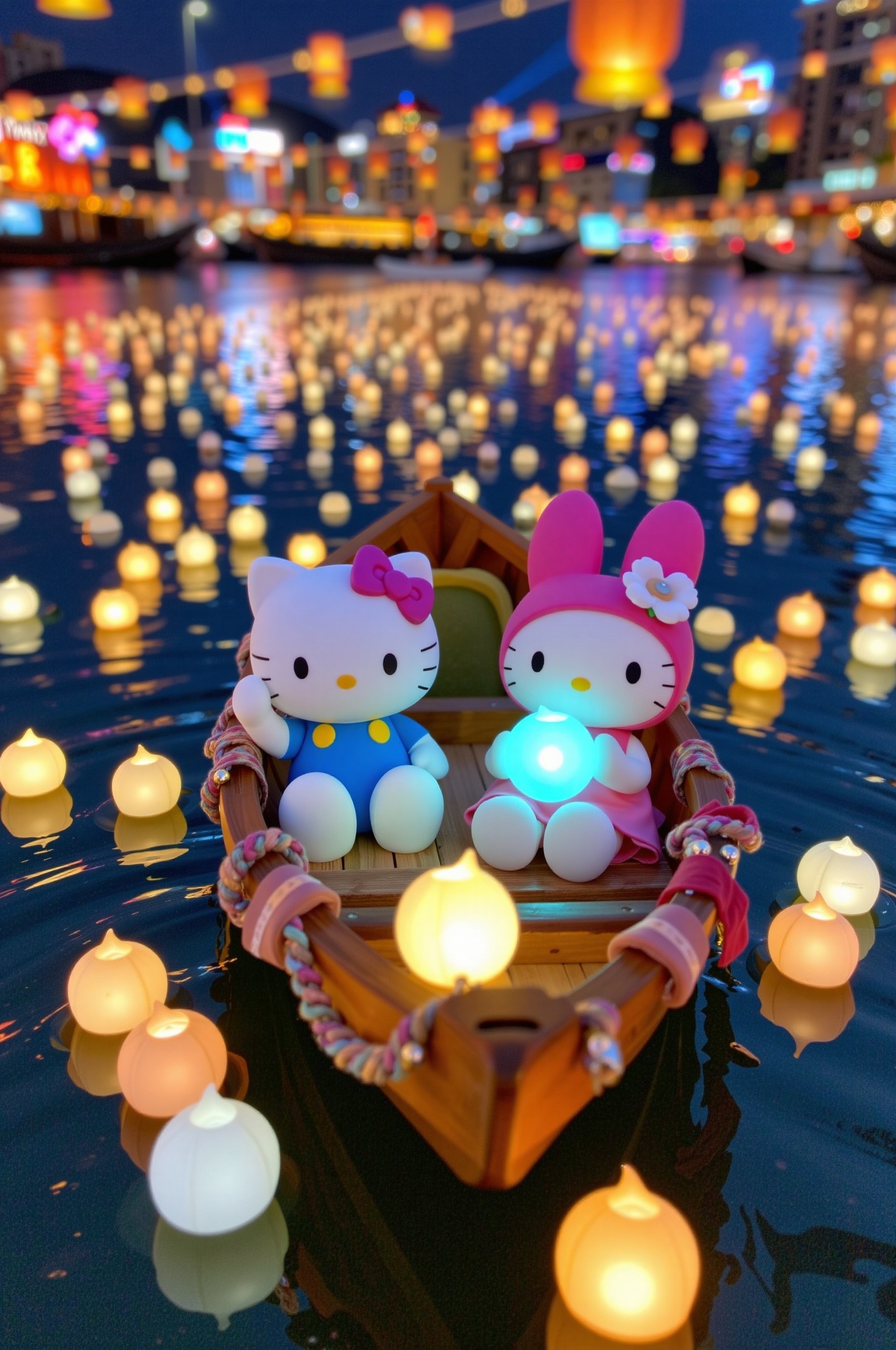 The camera angle view is an eye-level shot. The lighting is soft and warm,  with light sources coming from the floating la...