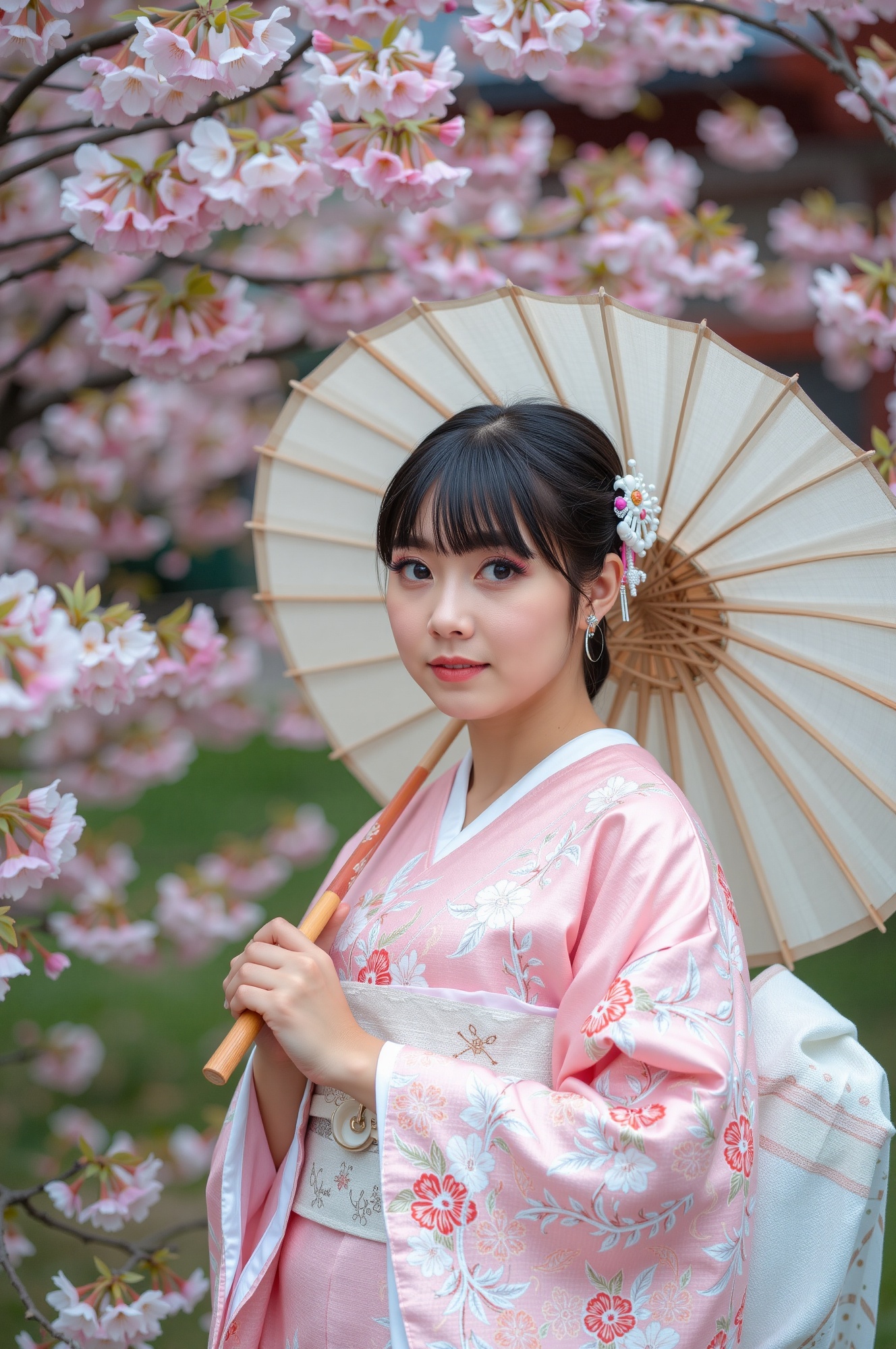 sofft focus pf a young person dressed in a pink kimono with intricate floral embroidery and a white underlayer,  holding a...