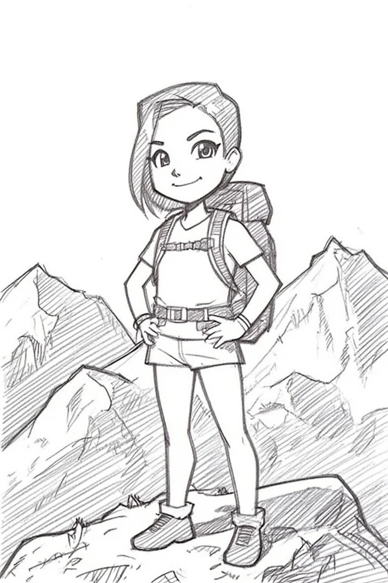 A sketch-style American avatar stands confidently atop a scenic mountain, backpack strapped on and hiking gear detailed. The composition frames the avatar in three-quarters view against a breathtaking backdrop of rugged peaks and vast skies. Soft morning light highlights the scene, emphasizing the rugged terrain and adventurous pose. Keywords: sketch-style, American avatar, backpack, hiking gear, scenic mountain view, standing, confident pose.
