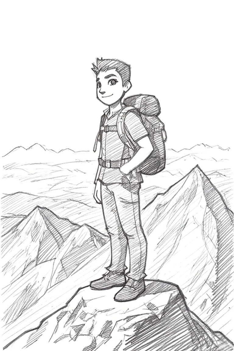 A sketch-style American avatar stands confidently atop a scenic mountain, backpack strapped on and hiking gear detailed. The composition frames the avatar in three-quarters view against a breathtaking backdrop of rugged peaks and vast skies. Soft morning light highlights the scene, emphasizing the rugged terrain and adventurous pose. Keywords: sketch-style, American avatar, backpack, hiking gear, scenic mountain view, standing, confident pose.