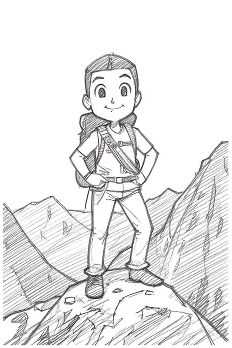 A sketch-style American avatar stands confidently atop a scenic mountain, backpack strapped on and hiking gear detailed. The composition frames the avatar in three-quarters view against a breathtaking backdrop of rugged peaks and vast skies. Soft morning light highlights the scene, emphasizing the rugged terrain and adventurous pose. Keywords: sketch-style, American avatar, backpack, hiking gear, scenic mountain view, standing, confident pose.
