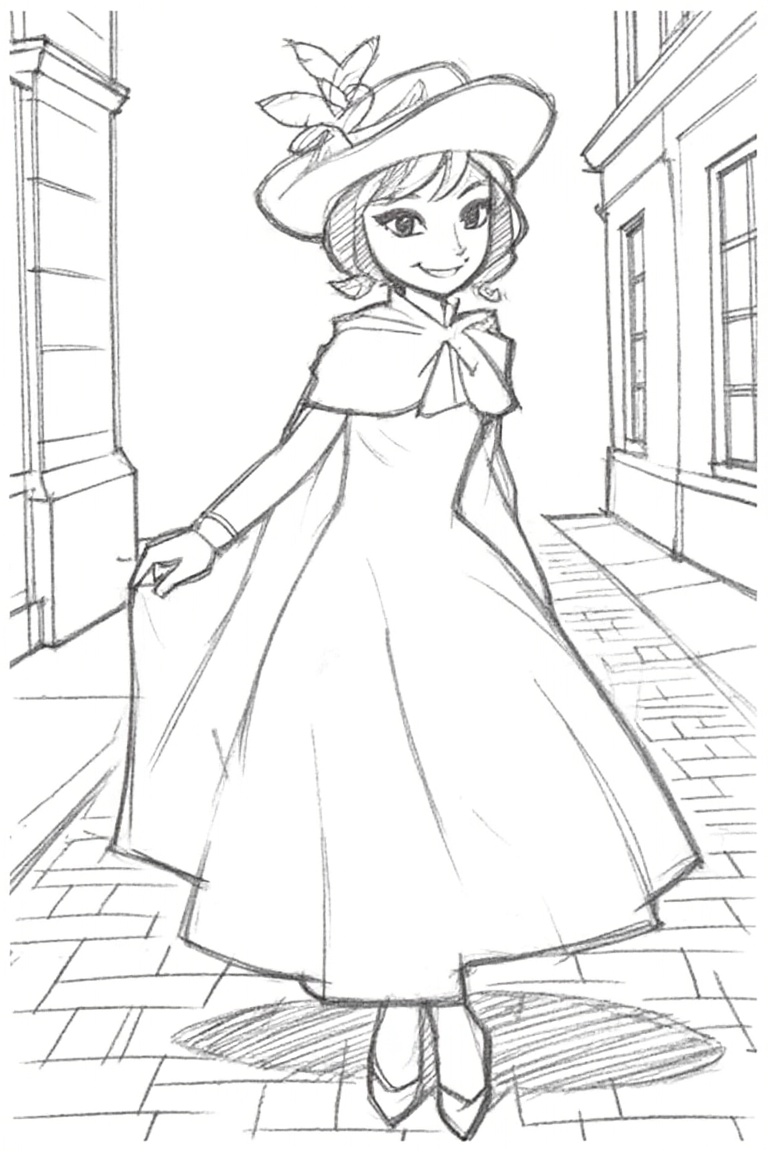 A sketch-style European avatar, elegantly posed on a charming cobblestone street. The avatar wears a sophisticated cloak flowing gracefully around their form, paired with a feathered hat tilted slightly. Soft natural lighting highlights the intricate details of their attire. The composition features a mid-shot framing, capturing both the character’s expressive stance and the quaint surroundings. Elegant lines define the architecture in the background, enhancing the atmospheric setting. Keywords: sketch, elegant cloak, feathered hat, cobblestone street, charming, European avatar.