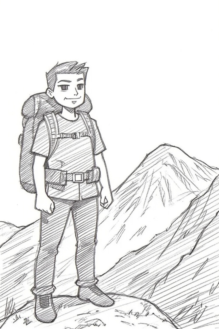 A sketch-style American avatar stands confidently atop a scenic mountain, backpack strapped on and hiking gear detailed. The composition frames the avatar in three-quarters view against a breathtaking backdrop of rugged peaks and vast skies. Soft morning light highlights the scene, emphasizing the rugged terrain and adventurous pose. Keywords: sketch-style, American avatar, backpack, hiking gear, scenic mountain view, standing, confident pose.