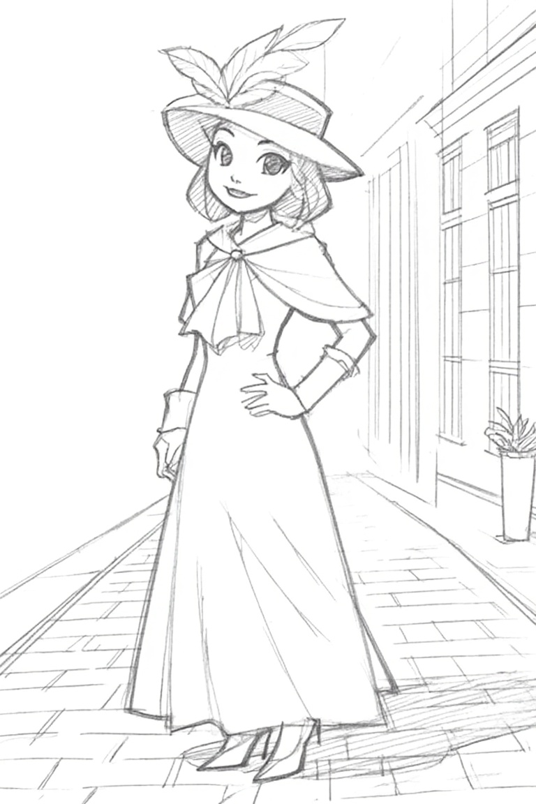 A sketch-style European avatar, elegantly posed on a charming cobblestone street. The avatar wears a sophisticated cloak flowing gracefully around their form, paired with a feathered hat tilted slightly. Soft natural lighting highlights the intricate details of their attire. The composition features a mid-shot framing, capturing both the character’s expressive stance and the quaint surroundings. Elegant lines define the architecture in the background, enhancing the atmospheric setting. Keywords: sketch, elegant cloak, feathered hat, cobblestone street, charming, European avatar.