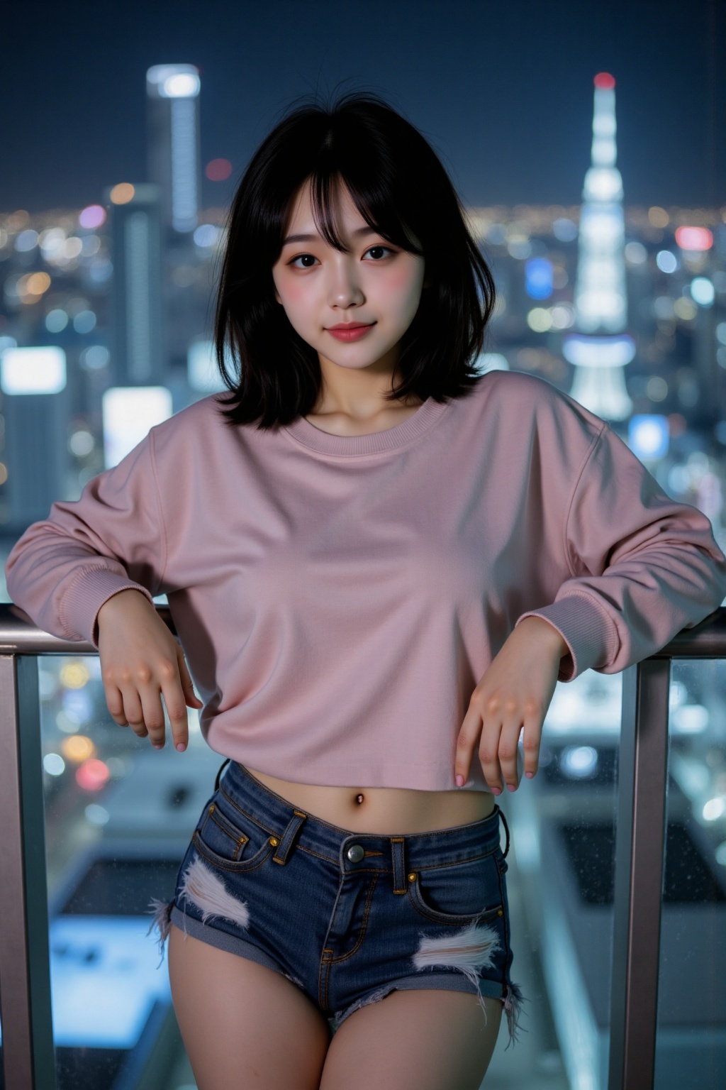 A breathtaking portrait of a beautiful girl with shoulder-length dark hair,  wearing a light-pink oversized sweater and a...