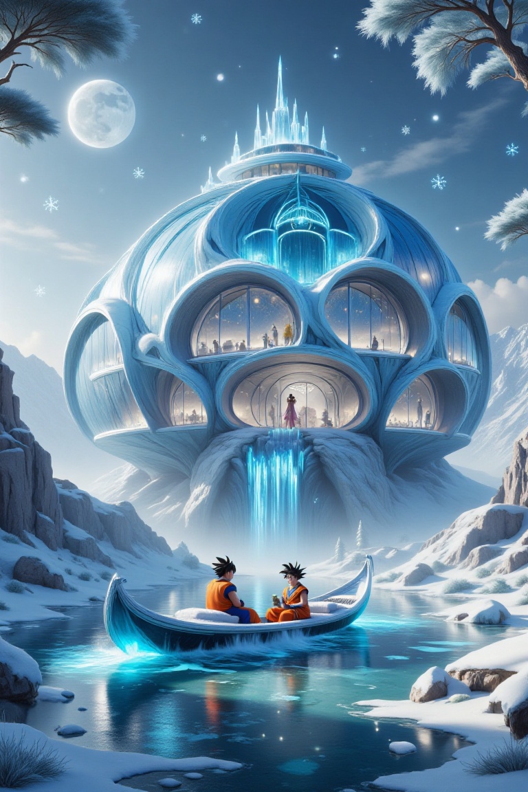 Snowflakes and ice crystals form a modern greenhouse with beautiful blue lights. and snowflakes and ice crystals form a tr...