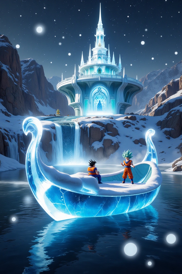 a translucent ice palace with beautiful blue lights,  in a beautiful landscape,  Snowflakes and ice crystals form a transl...