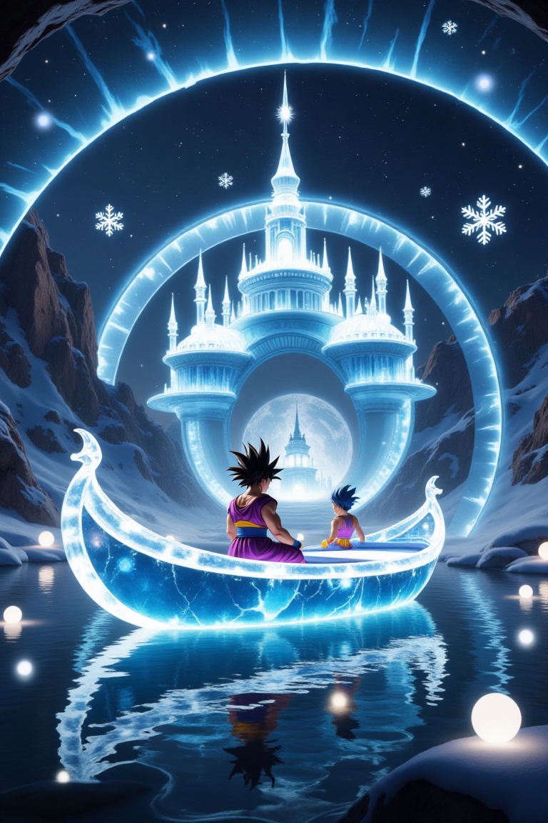 a translucent ice palace with beautiful blue lights,  in a beautiful landscape,  Snowflakes and ice crystals form a transl...