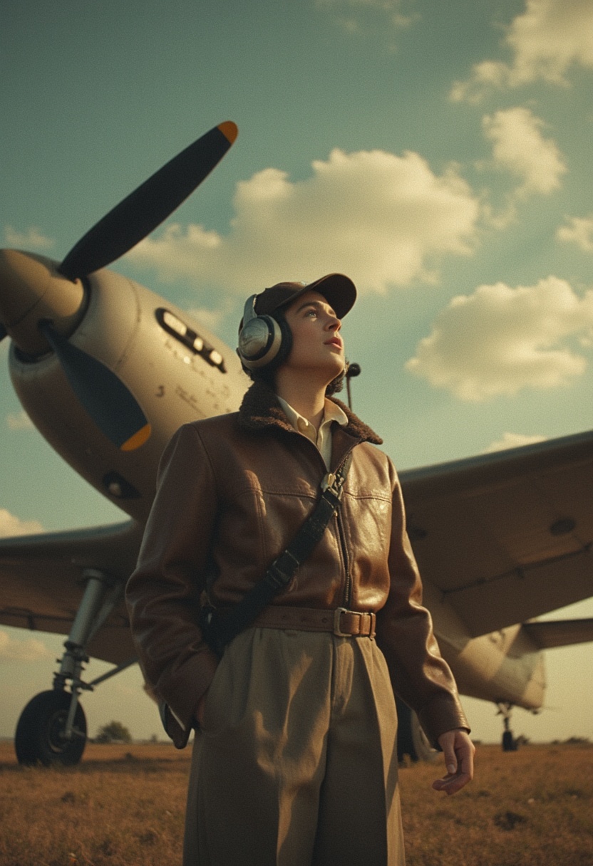 cinematic_1940s "A bold 1940s wartime propaganda poster brought to life,  a heroic pilot in a leather jacket standing besi...