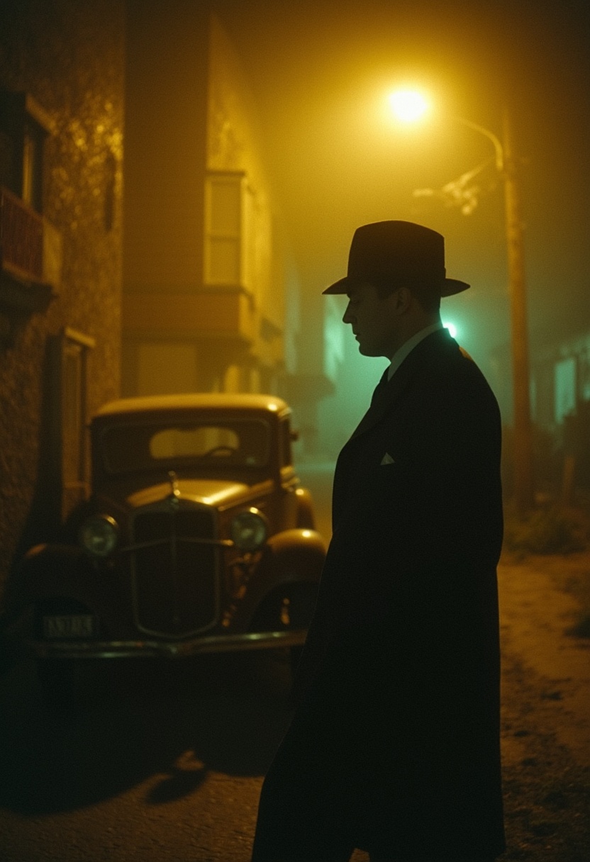 cinematic_1940s "A 1940s film noir detective in a fedora,  leaning against a vintage car in a misty alley,  bathed in warm...