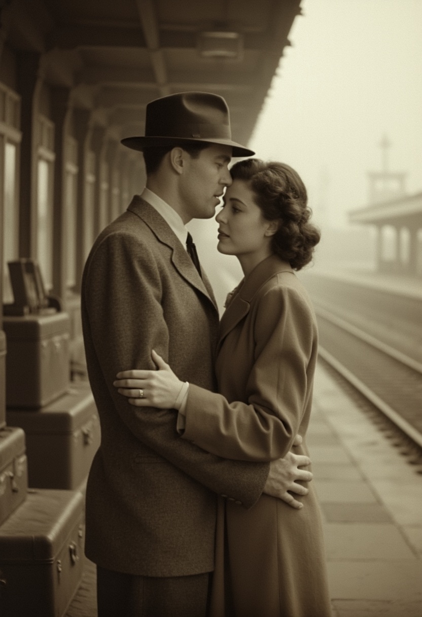 cinematic_1940s "A tender 1940s wartime romance,  a soldier in a crisp military uniform embracing his sweetheart on a trai...