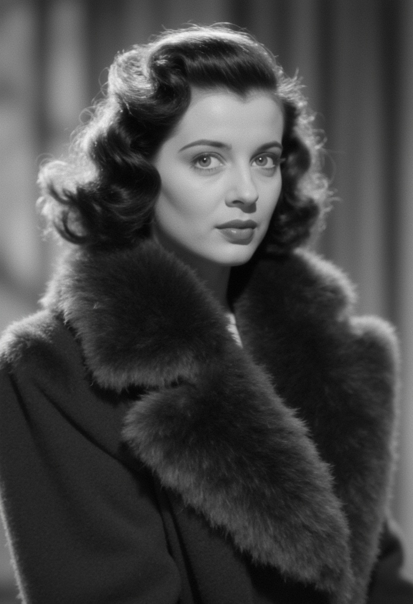cinematic_1940s "A glamorous 1940s Hollywood starlet posing in a luxurious fur coat,  soft-focus lens,  elegant curls in h...