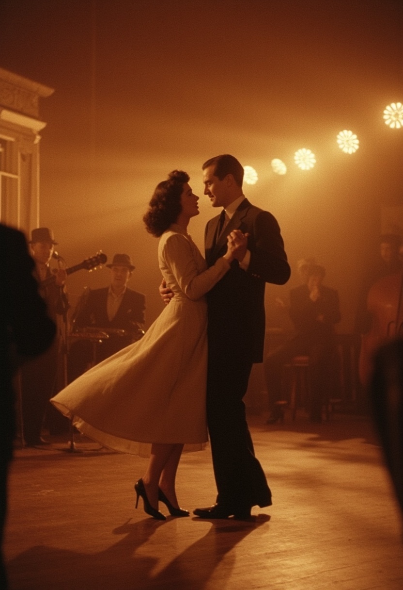 cinematic_1940s "A lively 1940s swing dance hall,  couples in retro suits and dresses twirling under warm amber lights,  b...