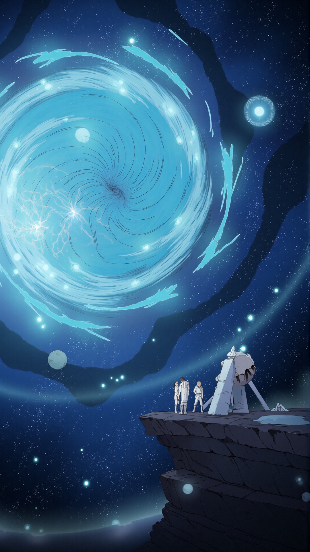 Sci-fi illustration,  a team of futuristic astronauts standing on the edge of the known universe,  looking at an unfathoma...