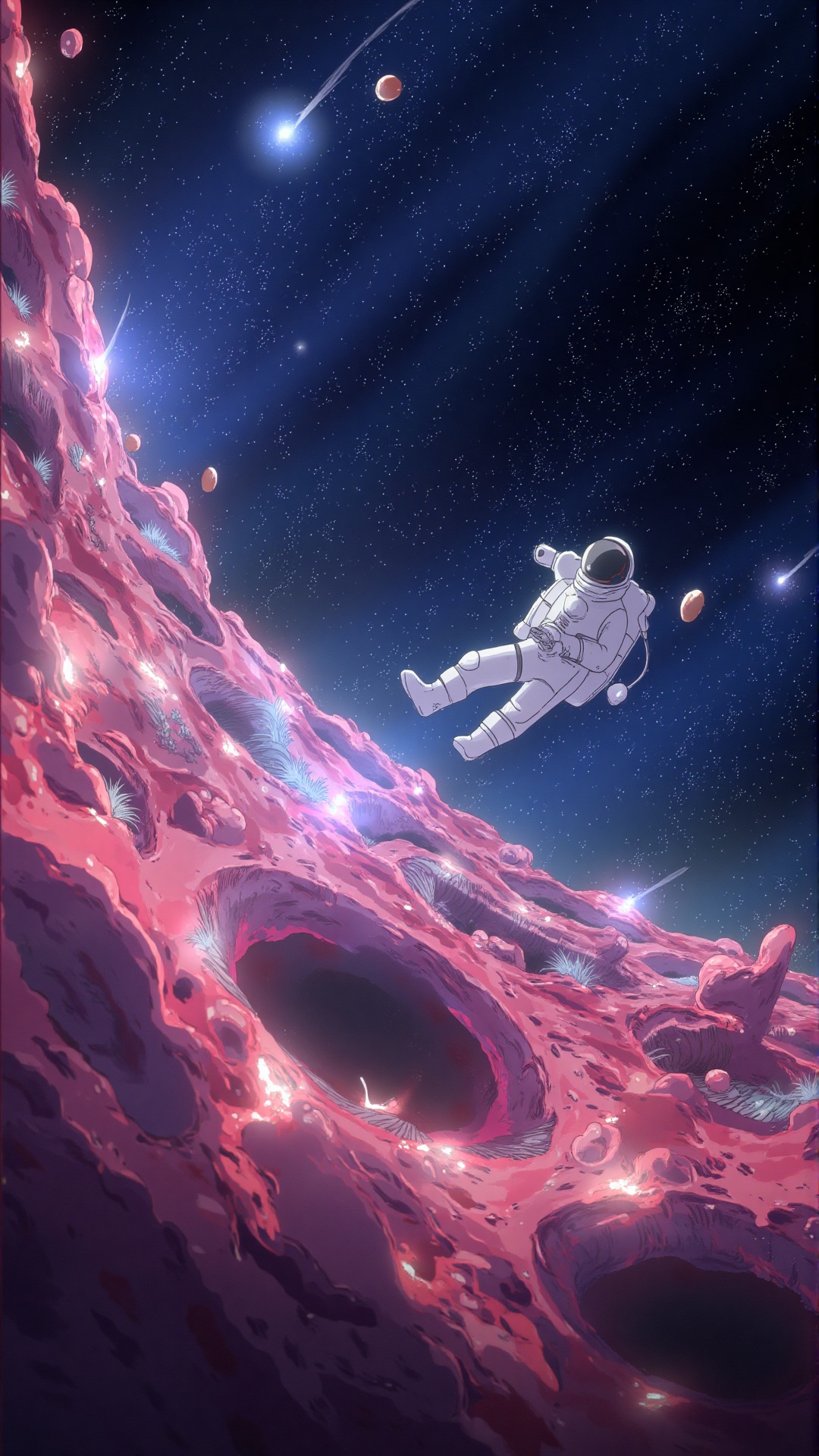 Sci-fi illustration,  a lone astronaut drifting through a breathtaking alien nebula,  glowing gas clouds swirling in vibra...