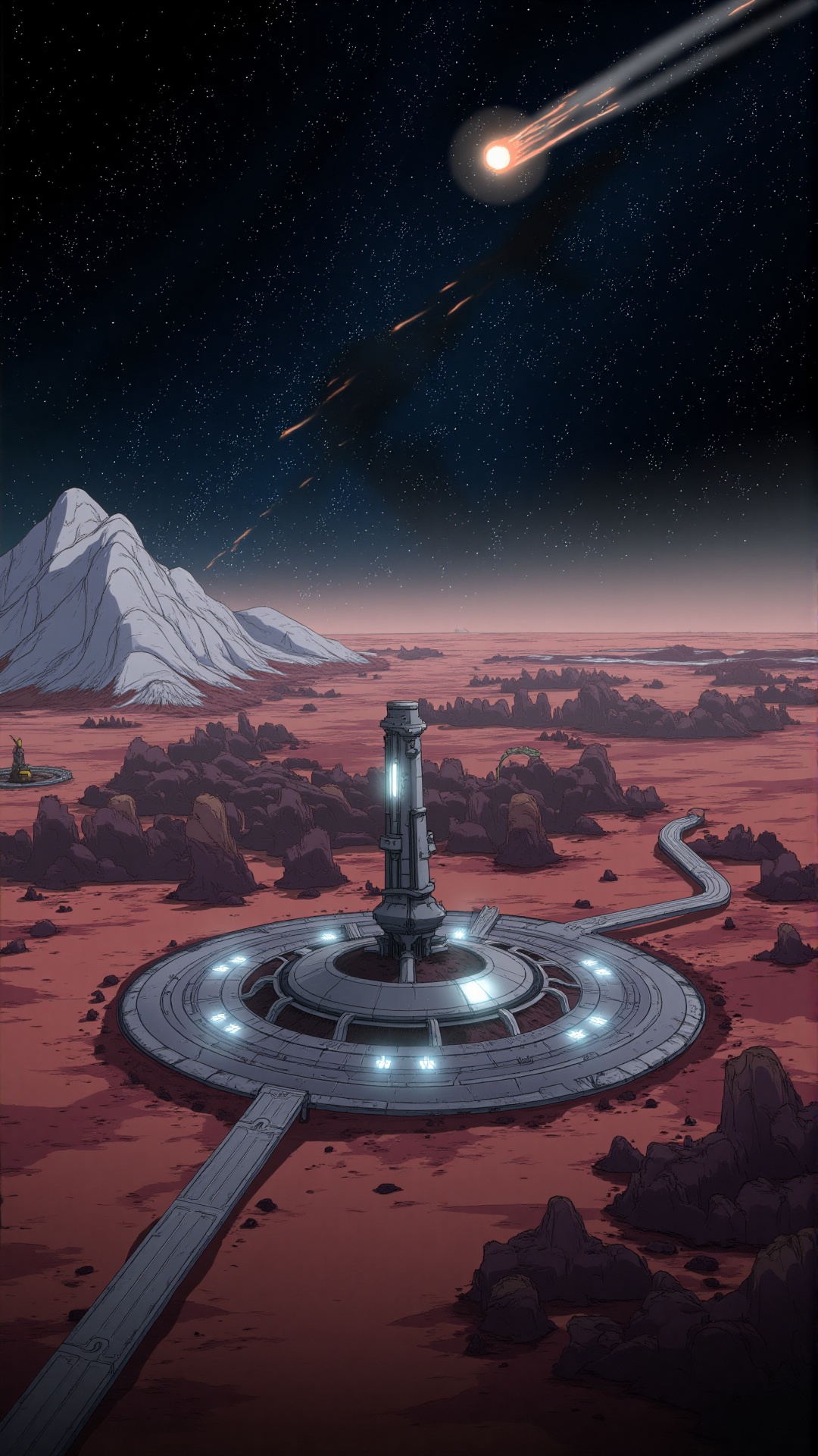 A breathtaking extraterrestrial landscape featuring a futuristic circular space station nestled in a vast desert under a c...