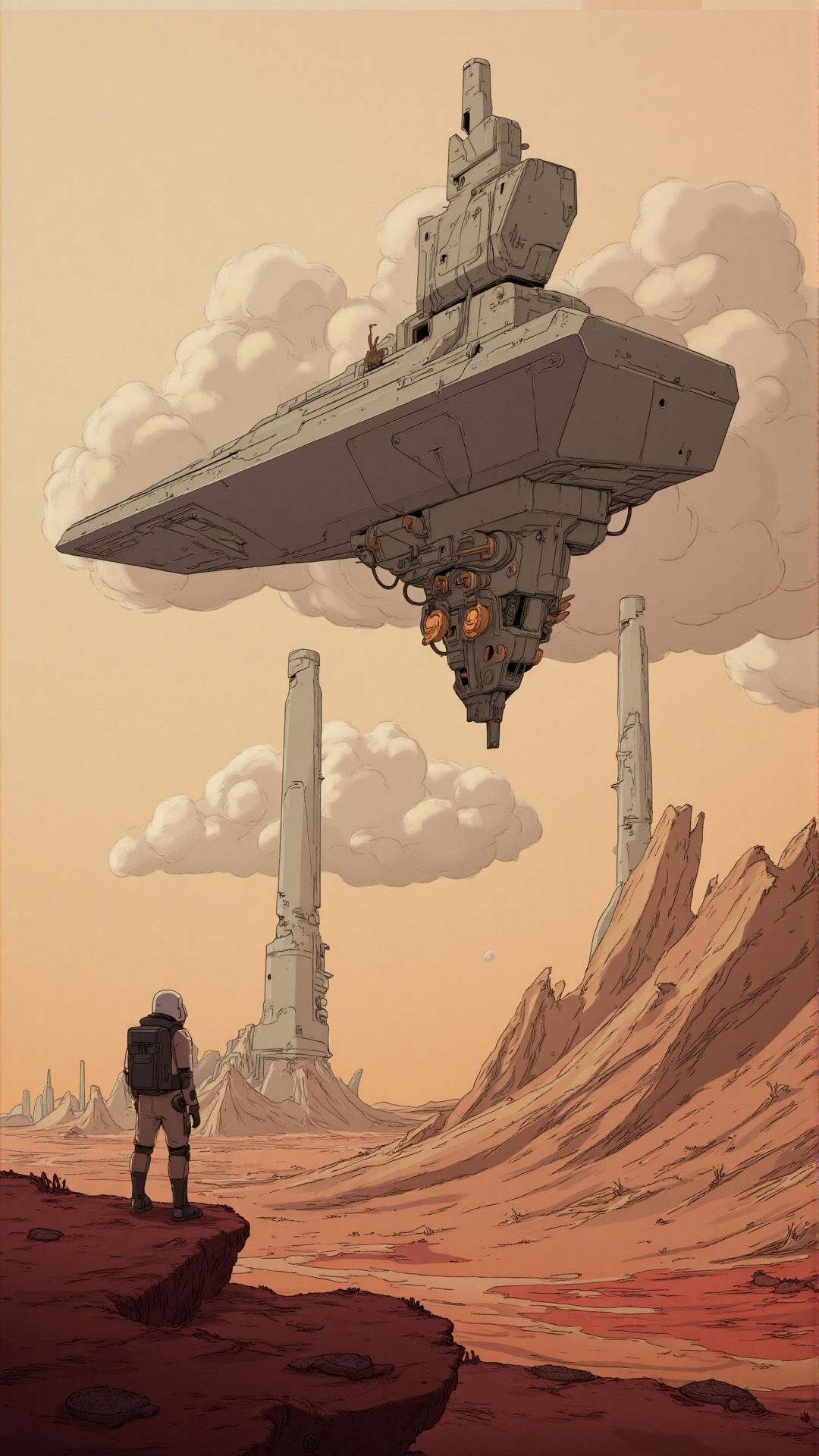 A massive,  futuristic triangular spaceship hovers ominously over a vast desert landscape,  its sleek on Tensor.Art