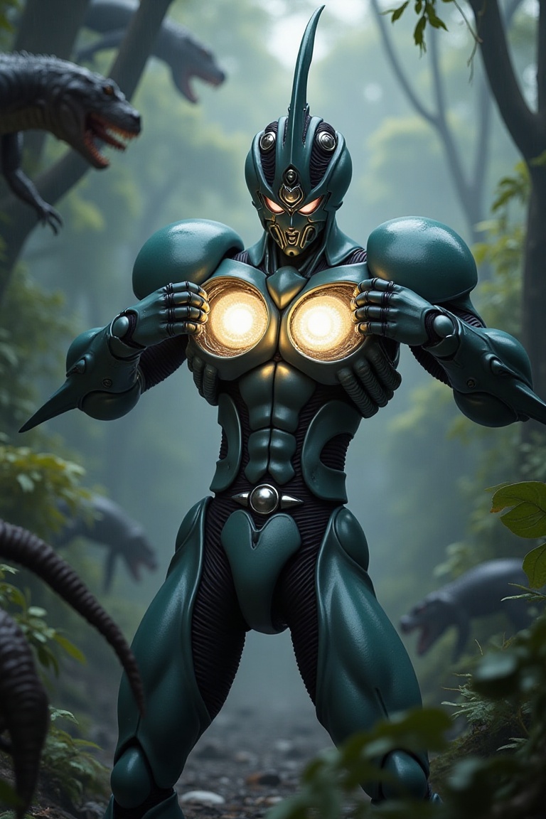 Bio-Booster Armor Guyver in a dramatic slow-motion moment,  standing in the middle of a dense,  prehistoric jungle. Surrou...