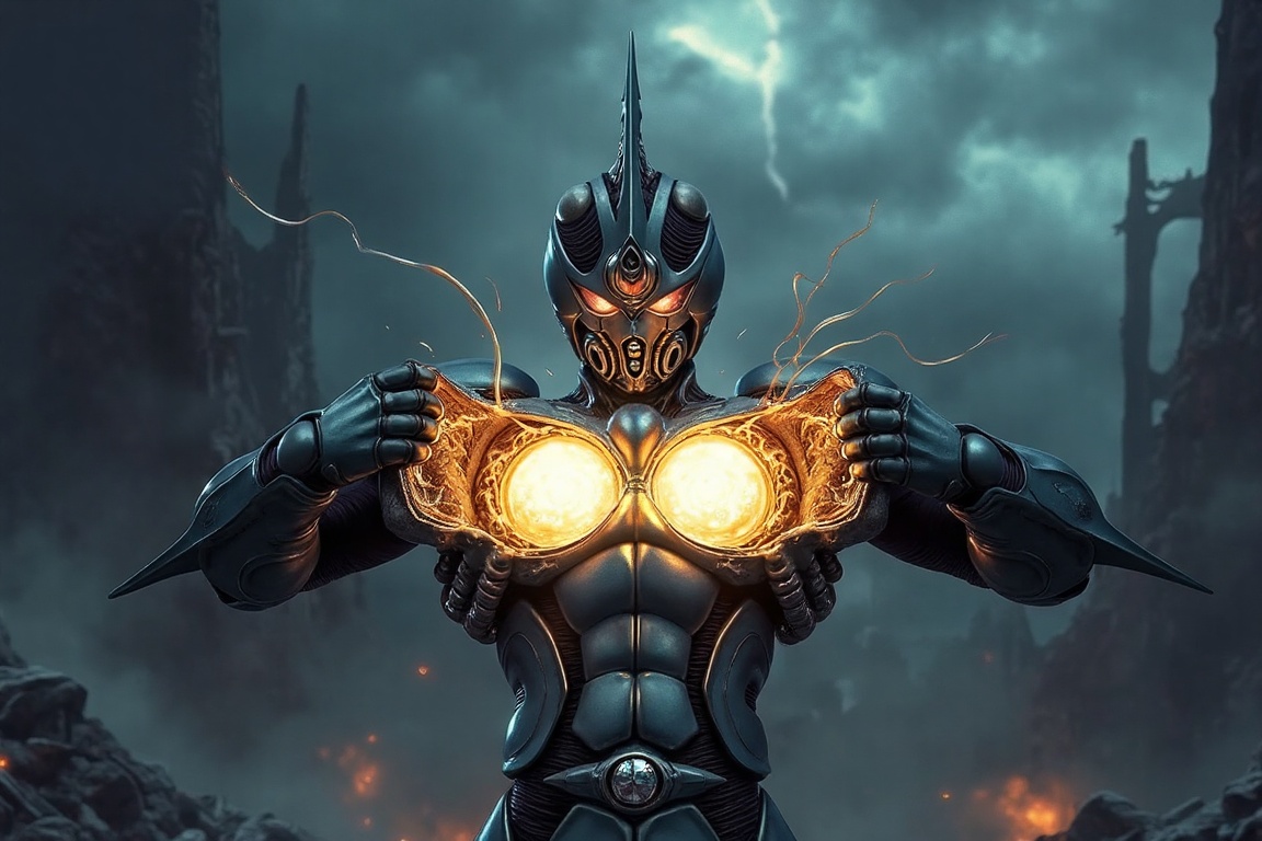 Portrait of Bio Booster Armor Guyver,  dynamic pose,  both hands gripping and pulling open chest armor covers on Tensor.Art