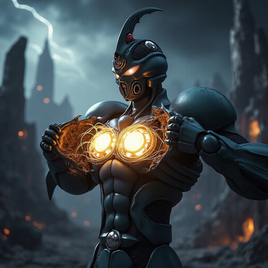Portrait of Bio Booster Armor Guyver,  dynamic pose,  both hands gripping and pulling open chest armor covers on Tensor.Art