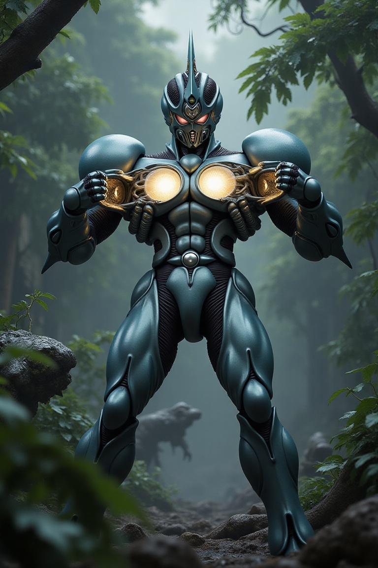 Bio-Booster Armor Guyver in a dramatic slow-motion moment,  standing in the middle of a dense,  prehistoric jungle. Surrou...