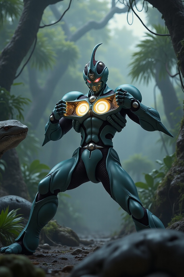 Bio-Booster Armor Guyver in a dramatic slow-motion moment,  standing in the middle of a dense,  prehistoric jungle. Surrou...