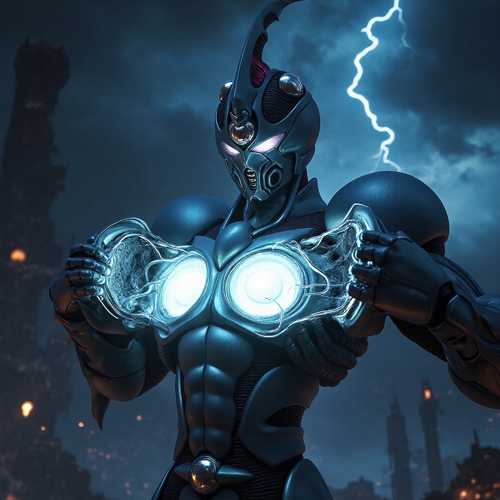 Portrait of Bio Booster Armor Guyver,  dynamic pose,  both hands gripping and pulling open chest armor covers on Tensor.Art